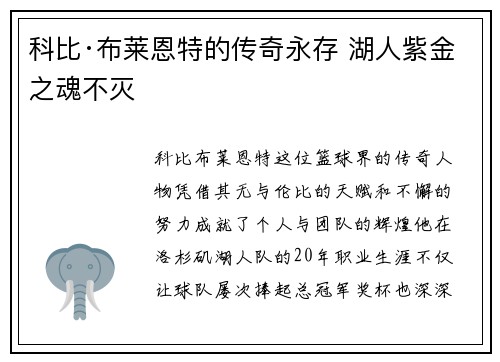 科比·布莱恩特的传奇永存 湖人紫金之魂不灭